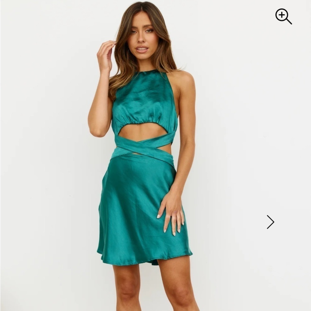 Saints + Secrets Forest Green  Satin like Cut-Out Halter Open Back Festive Dress